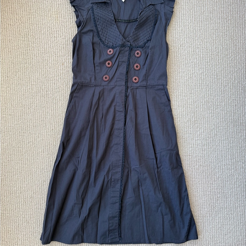 Anthropologie Maeve Navy Button Front Dress Size 0 Pleated Bib Pockets